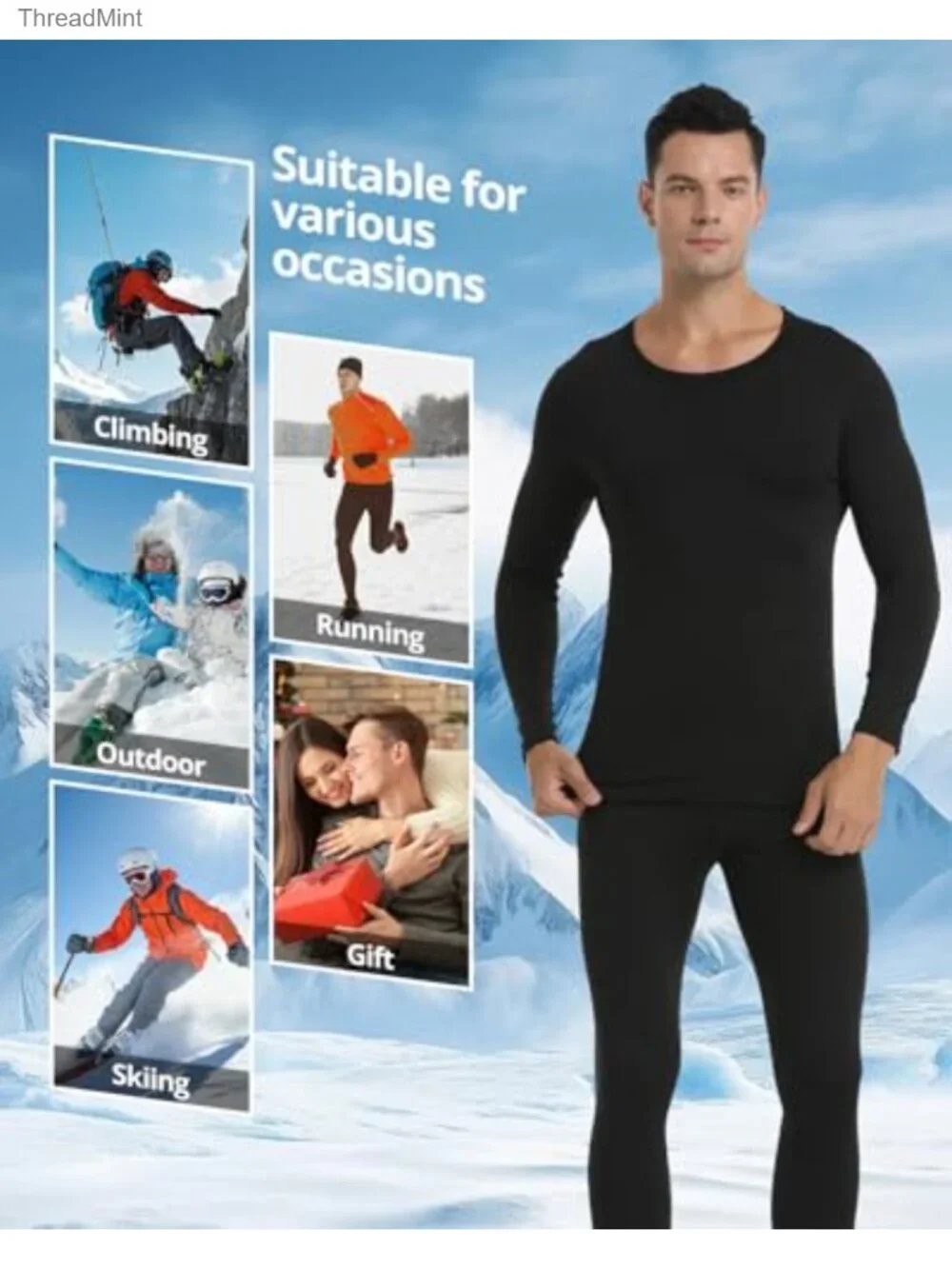 Men's Thermal Underwear Set Ultra-Soft Fleece Lined Base Layer Top & Bottom